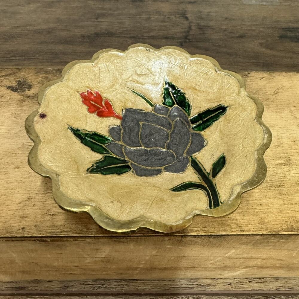 Vintage Hand Painted Cloissonne Bowl Flower Yellow Brass Trinket Dish India